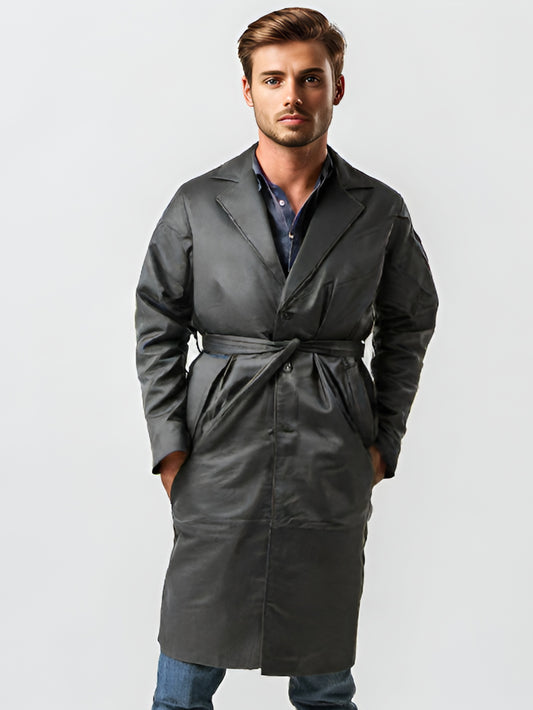 Manteau en cuir à simple boutonnage pour homme