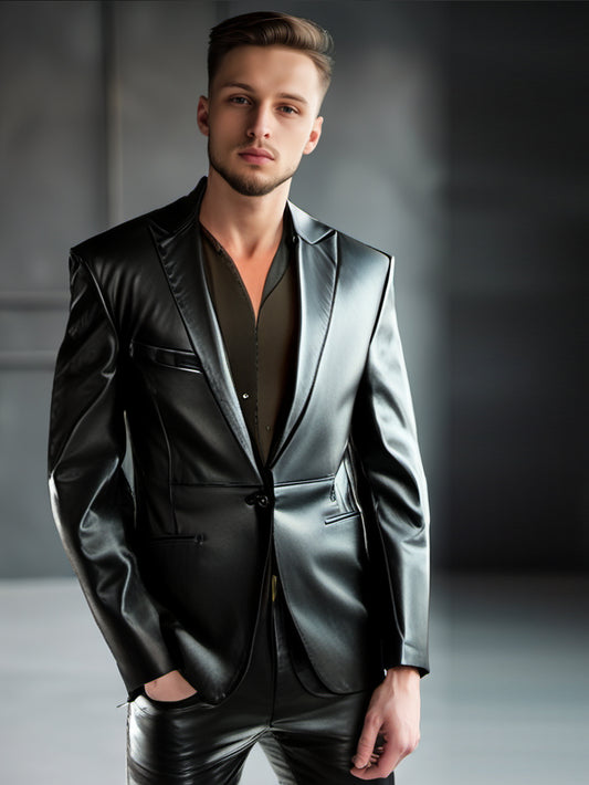 Blazer classique en cuir noir à un bouton pour homme