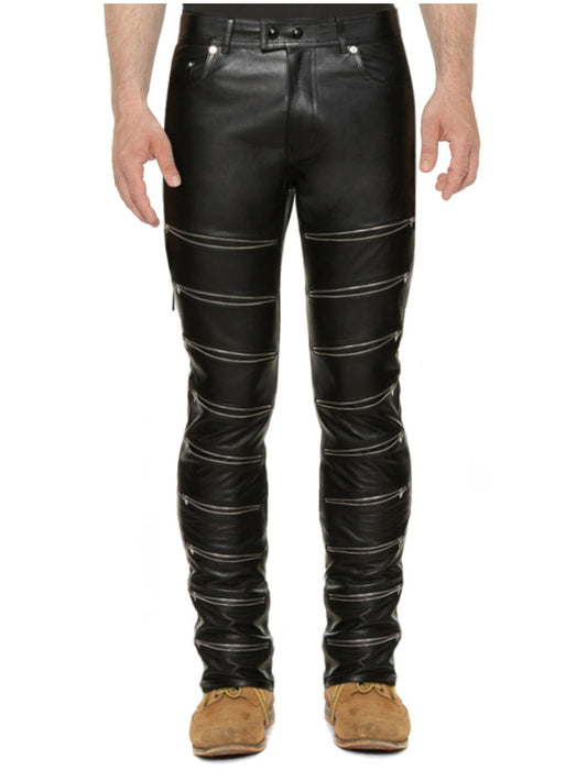 Pantalon skinny en cuir véritable avec fermeture éclair sur le devant pour homme