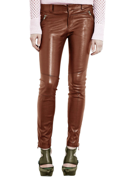 Pantalon en cuir à fermeture éclair oblique