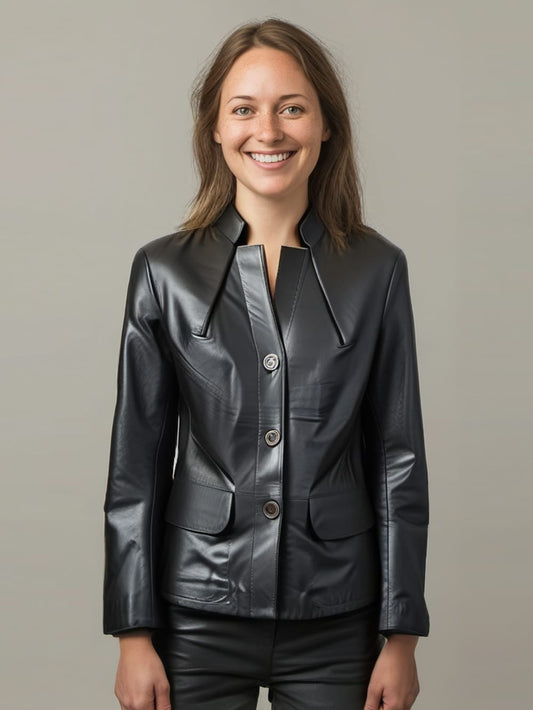 Blazer en cuir à col élégant pour femme