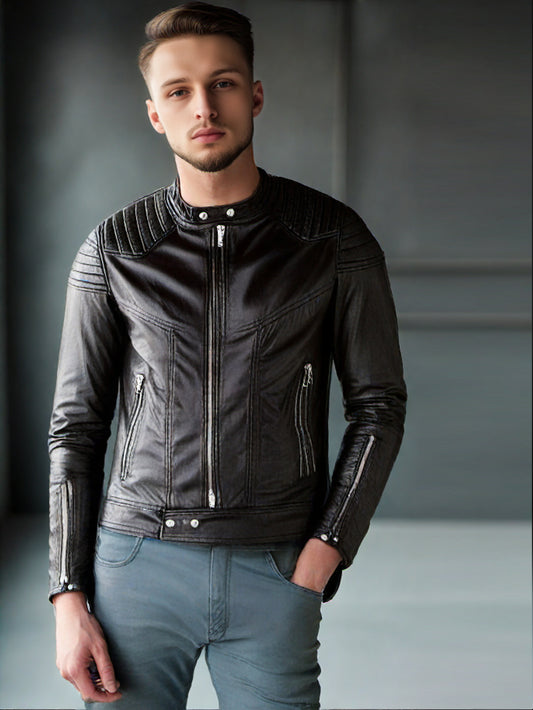 Slim Fit Motorradjacke aus echtem Leder in Schwarz für Herren