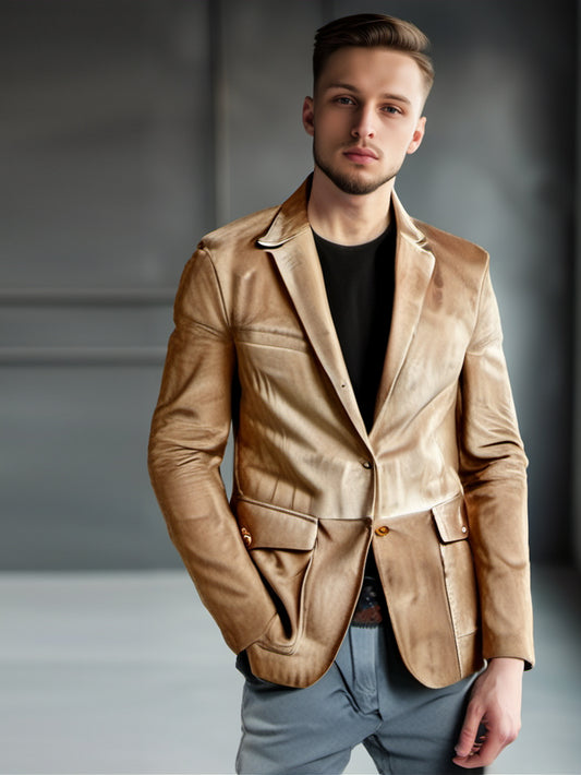Blazer slim en daim et cuir avec poche plaquée pour homme