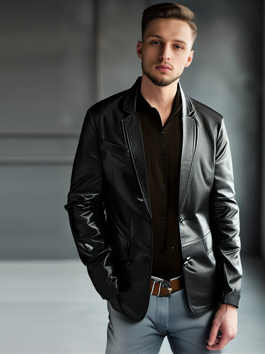 Blazer en cuir slim à deux boutons pour homme