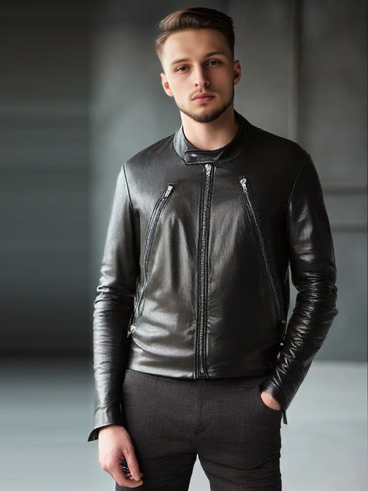 Veste en cuir à col à boutons-pression