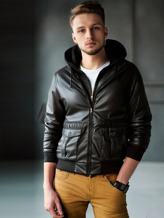 Vestes en cuir style bombardier à rabat et boutons-pression pour homme