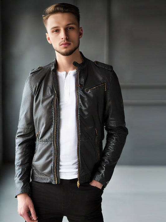 Veste de motard en cuir véritable avec épaulettes à pression pour homme