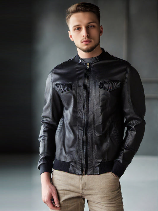 Veste en cuir à col montant Sport Luxe