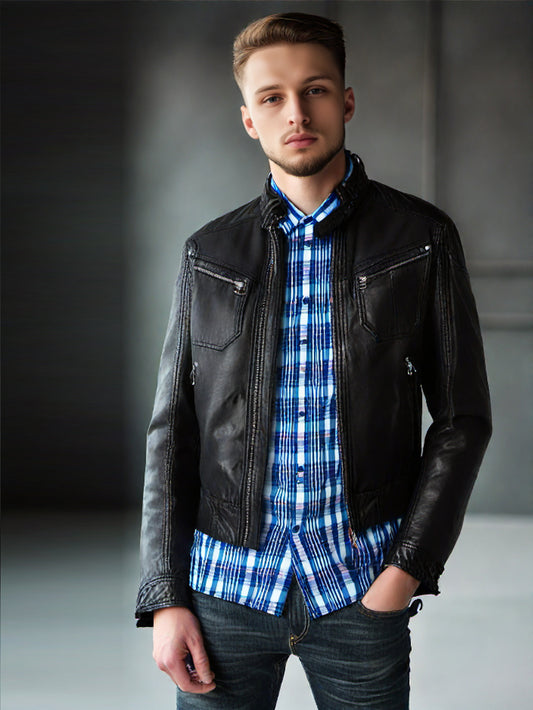 Veste de motard en cuir véritable pour homme Stalwart