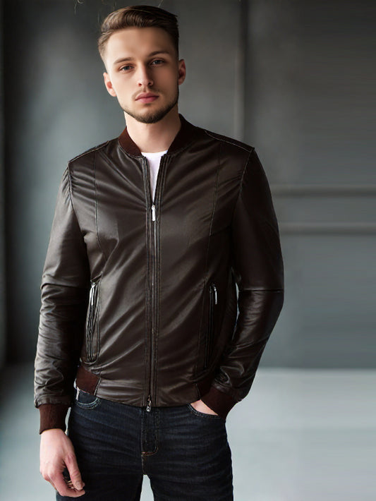 Lederjacke mit Stehkragen und Rand