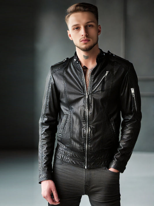 Bikerjacke aus echtem Leder mit Stehkragen für Herren