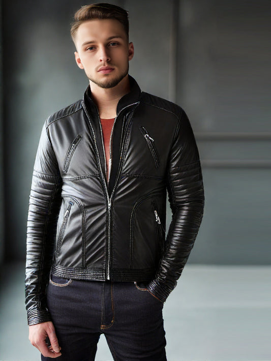 Veste de motard en cuir véritable avec détails cousus pour homme