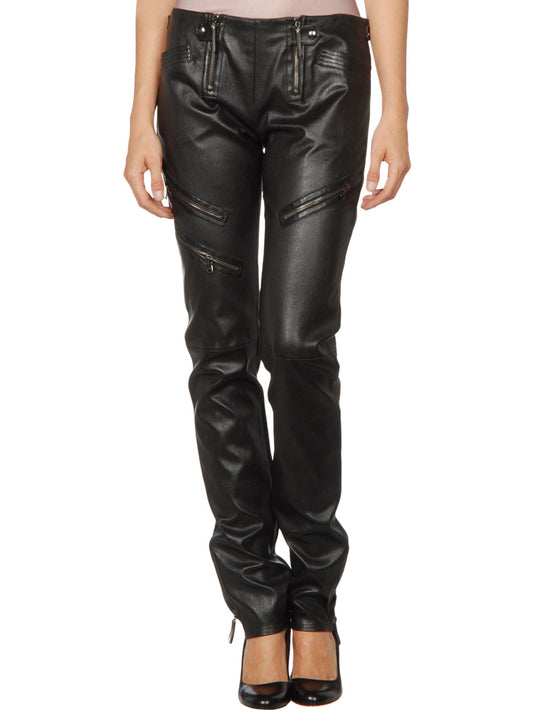 Pantalon skinny en cuir à jambe droite