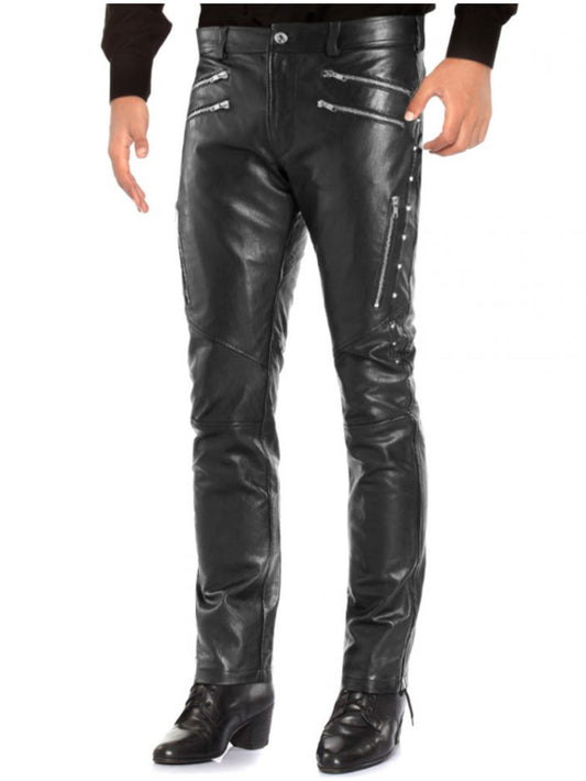 Pantalon clouté en cuir véritable noir pour homme