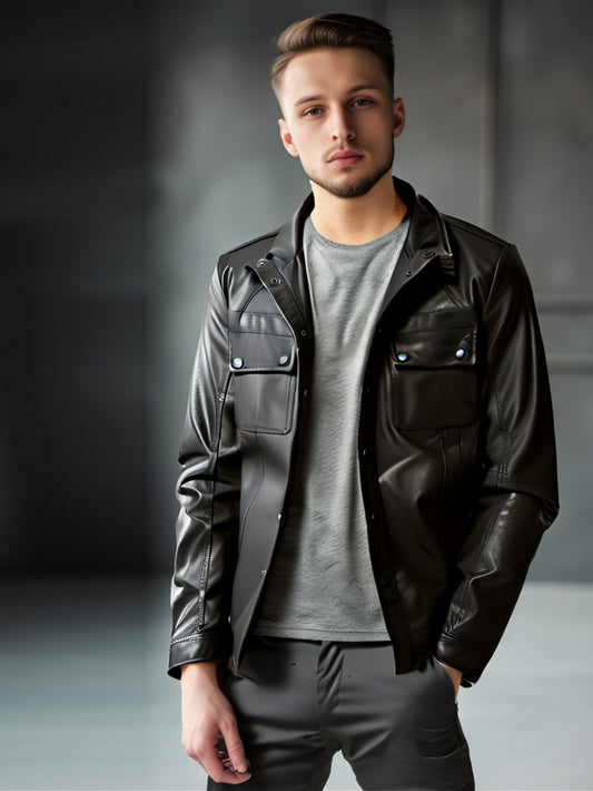 Chemise en cuir véritable à poignets cloutés pour homme