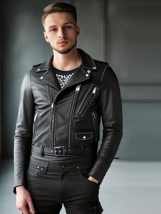 Veste de motard en cuir clouté pour homme