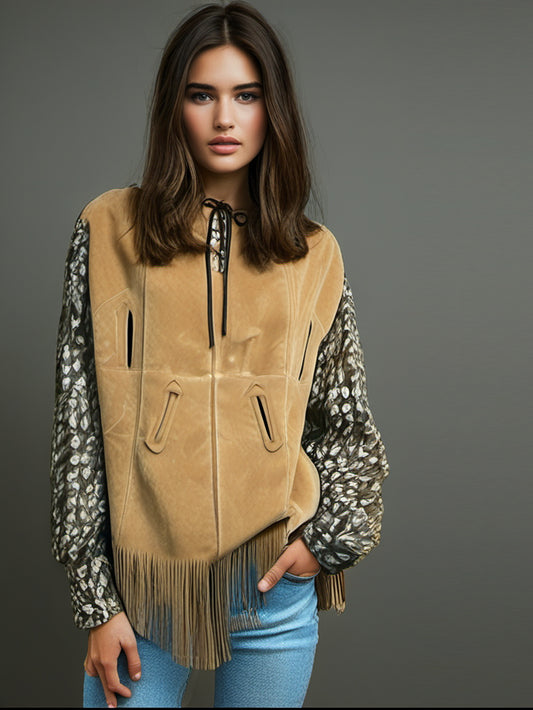 Manteau cape en daim avec franges pour femme