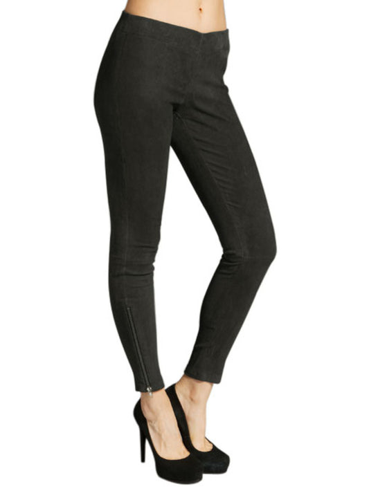 Pantalon droit en cuir suédé
