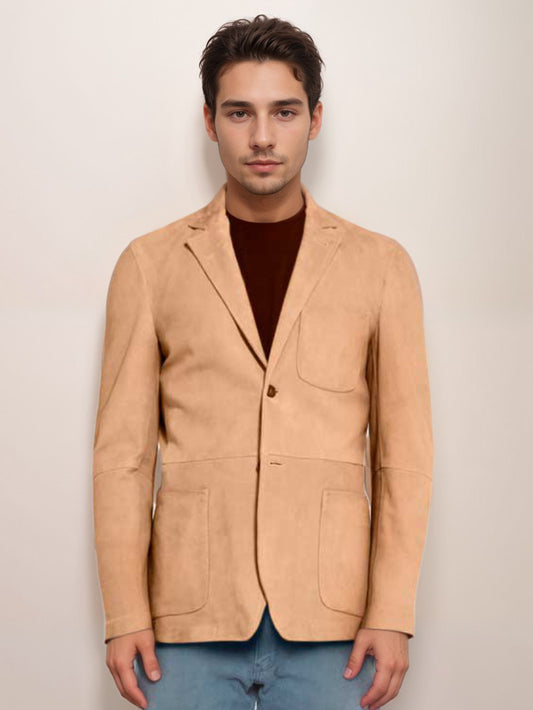 Blazer en cuir à deux boutons et poches plaquées en daim pour homme