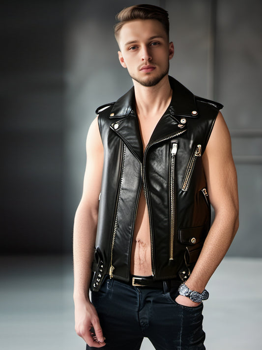 Gilet élégant en cuir véritable pour homme, avec clous super cloutés