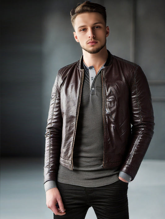 Bomber en cuir souple à col montant pour homme