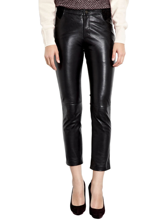 Pantalon fuselé en cuir d'agneau à la cheville