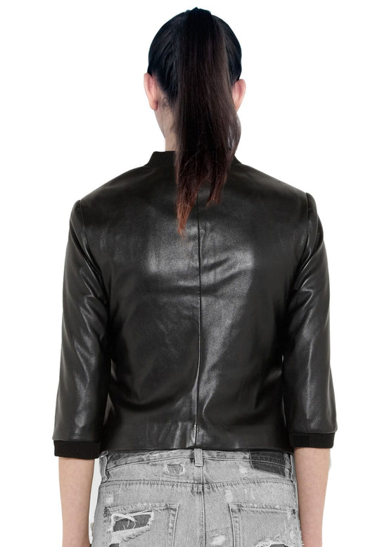 Trimmed Edge Short-Sleeve Leather Bomber for Women - Leatherkin