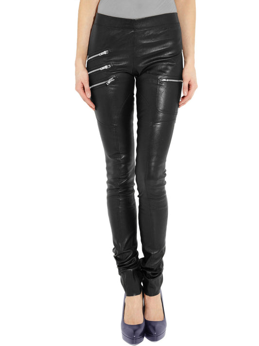 Pantalon en cuir à triple fermeture éclair sur le devant