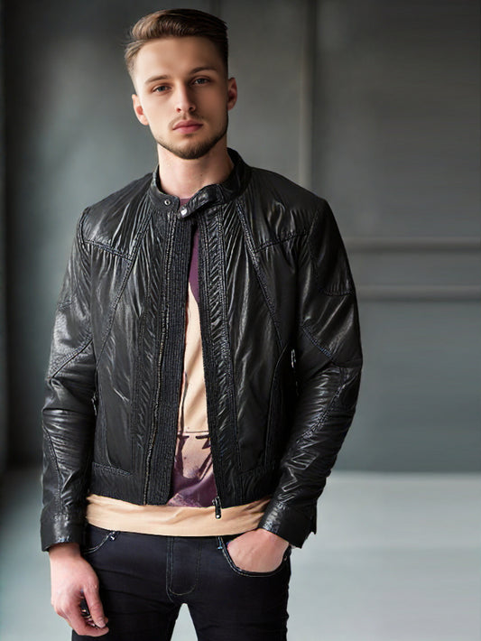 Veste en cuir à double fermeture éclair et empiècements cousus