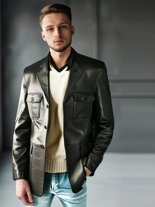Blazer en cuir de style urbain pour homme