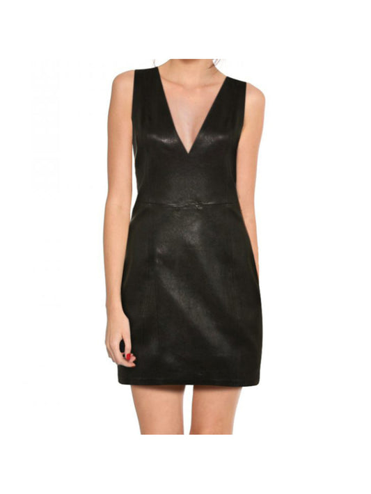 Schwarzes Lederkleid mit V-Ausschnitt