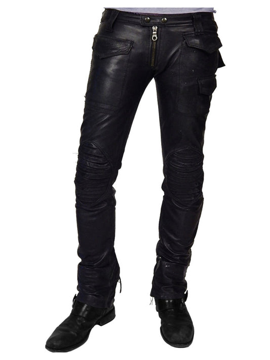 Pantalon moto vintage en cuir d'agneau véritable pour homme