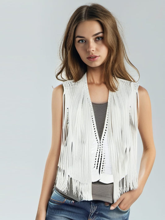Gilet en cuir à franges blanches