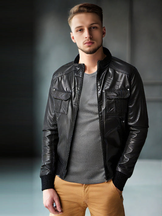 Veste en cuir de luxe avec ourlet en laine