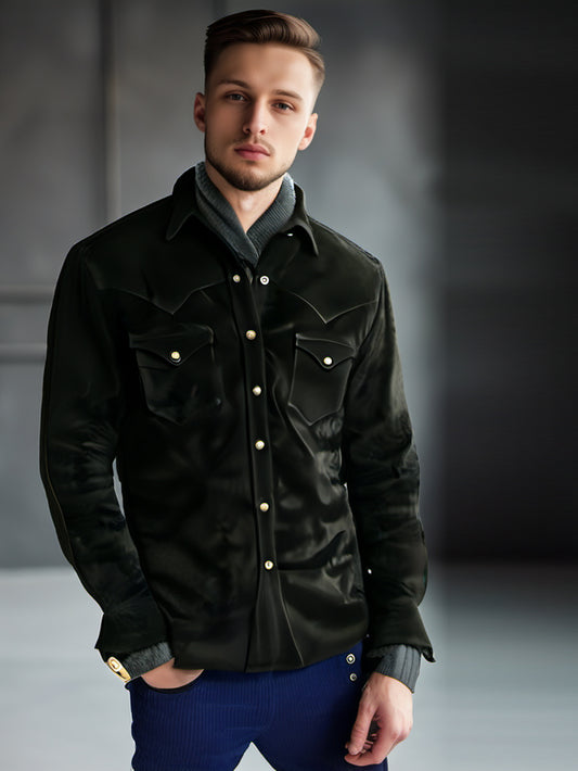 Chemise en cuir véritable style empiècement pour homme