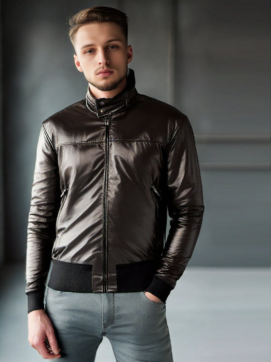 Blouson aviateur en cuir noir avec col zippé pour homme