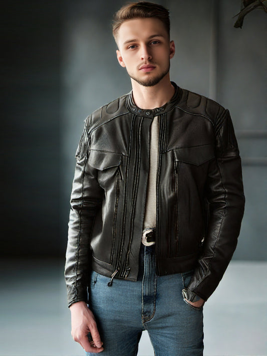 Veste de motard en cuir à soufflet zippé pour homme