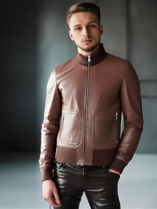 Blouson aviateur en cuir avec poche plaquée zippée pour homme