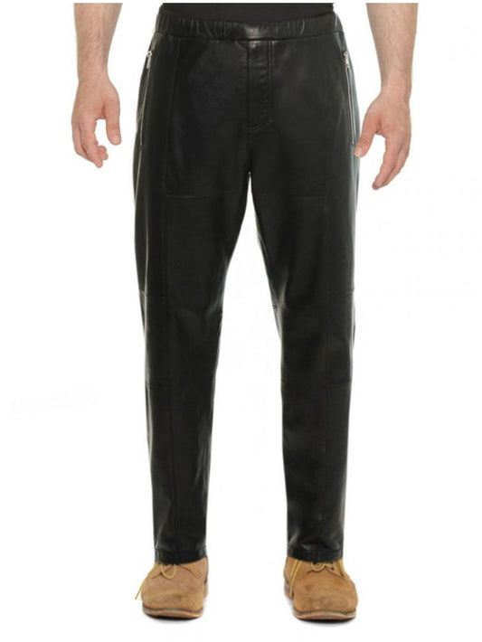 Pantalon de jogging zippé en cuir véritable pour homme