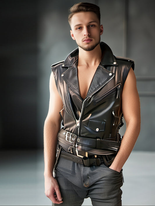 Asymmetrical Cut Genuine Leather Vest for Men