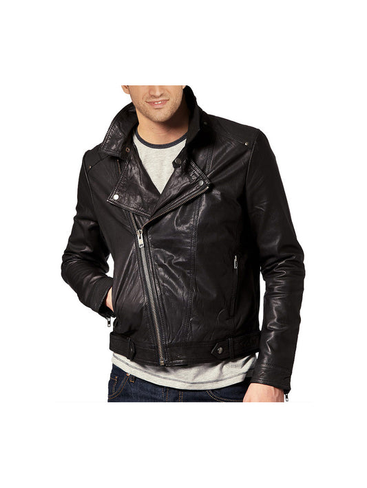 Asymmetrical Zip Closure Biker Genuine Leather Jacket for Men