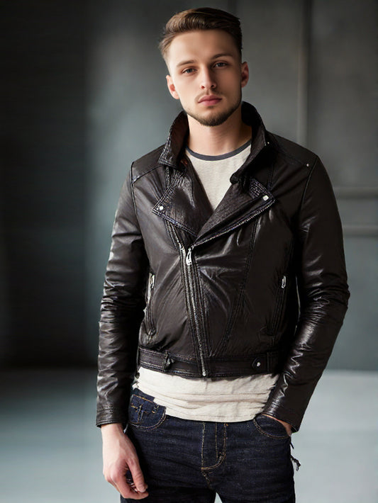 Asymmetrical Zip Closure Biker Genuine Leather Jacket for Men