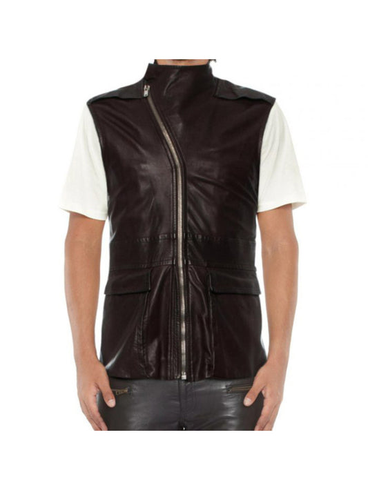 Asymmetrical Zip Genuine Leather Motorcycle Vest for Men