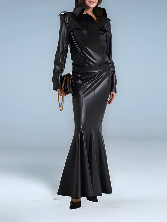 Ensemble body en cuir noir Aurora avec jupe longue