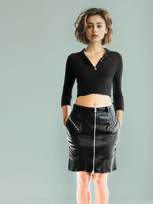 Back Ruffled Zipper Leather Skirt