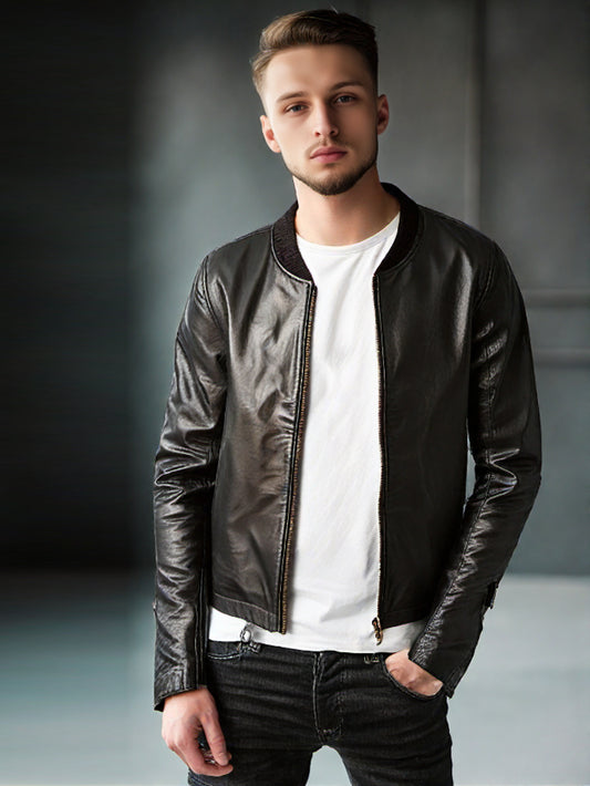 Blouson aviateur en cuir à col montant pour homme