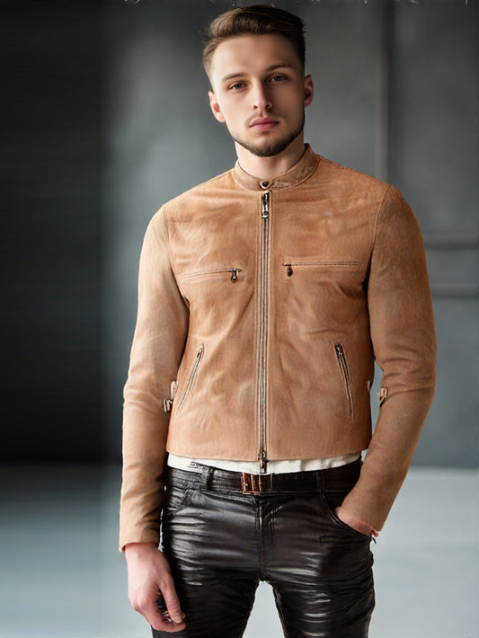 Beige Genuine Suede Leather Biker Jacket with D-Rings for Men