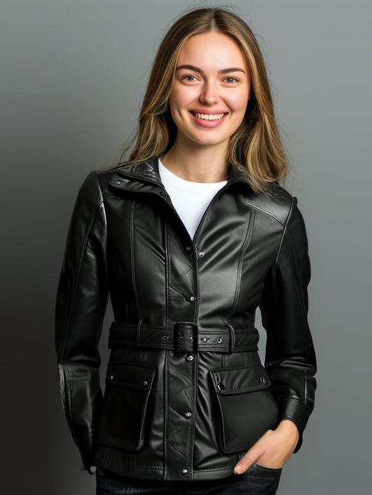 Belted Sophistication Leather Blazer for Women