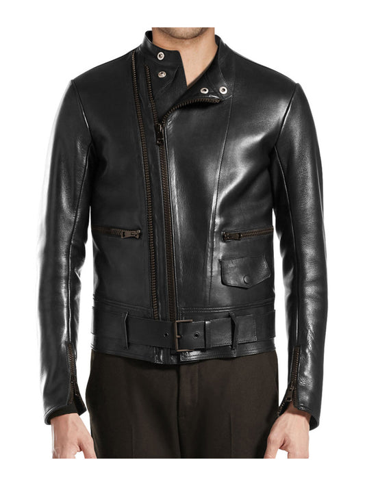 Belted Waistband Genuine Leather Jacket for Men