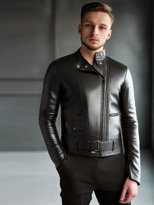 Belted Waistband Genuine Leather Jacket for Men